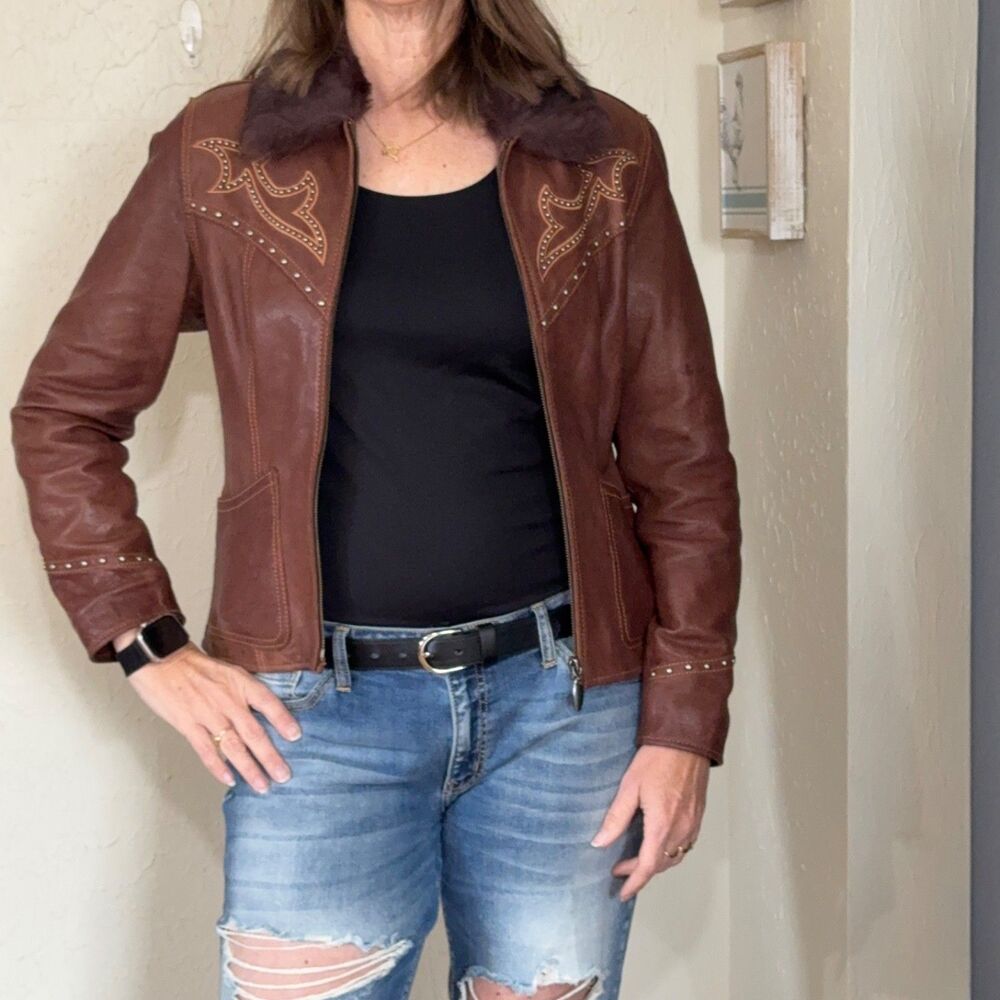 Cripple Creek Leather Western Jacket Studded Embroidered Detailed Stitch Small